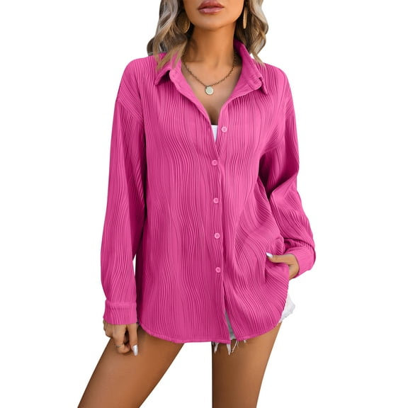 SHIBEVER Botton Down Shirts for Women Lapel Collar Long Sleeves Tops Loose Fit Soild Pink Cute Tee for Lady Tops Size M