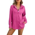 thumbnail image 1 of SHIBEVER Botton Down Shirts for Women Lapel Collar Long Sleeves Tops Loose Fit Soild Pink Cute Tee for Lady Tops Size S, 1 of 5