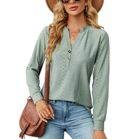 SHIBEVER Fall Tops for Women Long Sleeve Tshirt Casual Loose Fit V Neck Shirts Fashion Henley Button up Basic Plain Color Green Tshirt Size S