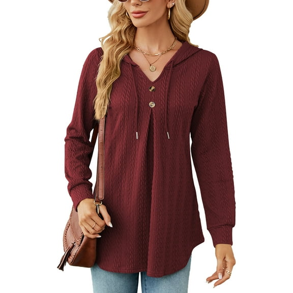 SHIBEVER Hoodies for Women Long Sleeve Shirts Loose Fit Pullover V Neck Tops Fashion Button Casual Sweatshirts Solid Color Winered Tshirt Size S