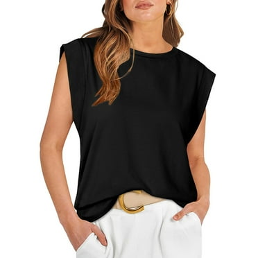 SHIBEVER Cap Sleeve Tops for Women Casual Crewneck Tops Summer Basic Tee Shirts Fashion Loose Fit Tunic Solid Color Black Womens Clothes