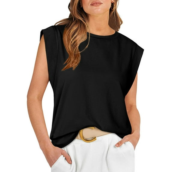 SHIBEVER Cap Sleeve Tops for Women Casual Crewneck Tops Summer Basic Tee Shirts Fashion Loose Fit Tunic Solid Color Black Womens Clothes
