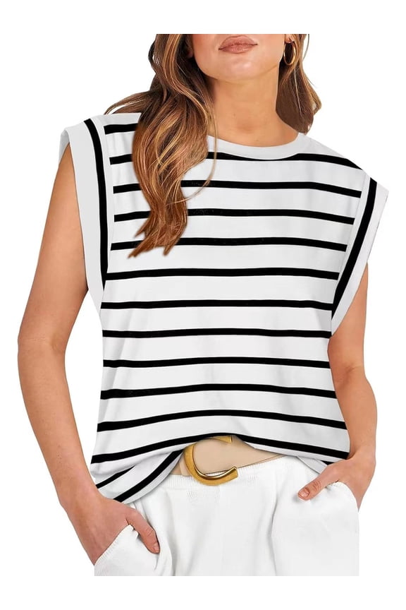 Cap Sleeve Tops for Women Summer Tops Basic Tee Shirts Casual Loose Fit Fashion Crew Neck White Stripe Womens Clothes Tunic