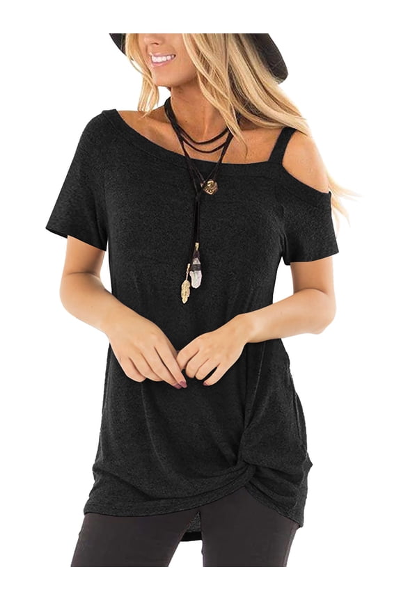 SHIBEVER Casual Cold Shoulder Tunics Tops for Women Summer Cute Short Sleeve Twist Knot Blouse T-Shirt Black 2XL