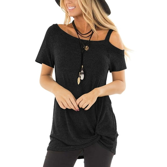 SHIBEVER Casual Cold Shoulder Tunics Tops for Women Summer Cute Short Sleeve Twist Knot Blouse T-Shirt Black M