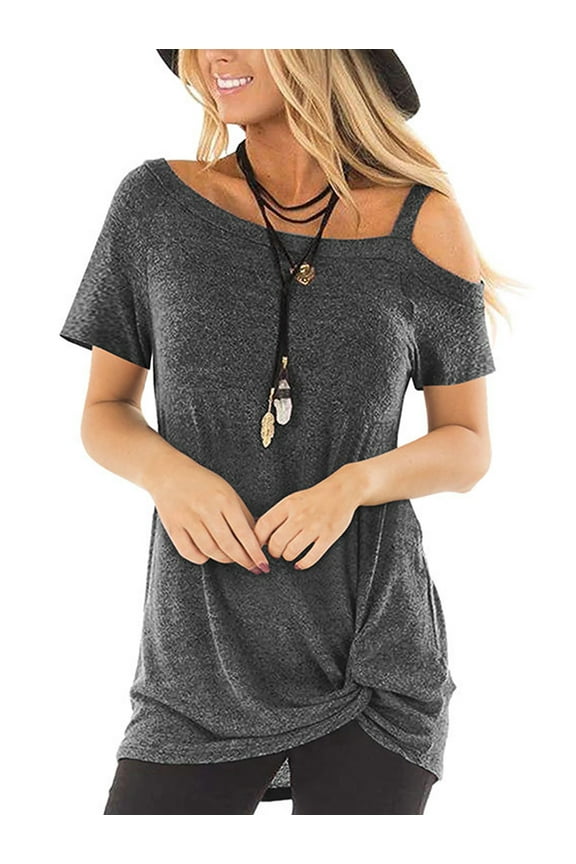 Casual Cold Shoulder Tunics Tops for Women Summer Cute Short Sleeve Twist Knot Blouse T-Shirt Gray S
