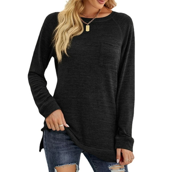 SHIBEVER Casual Round Neck Pocket Tunics Tops for Women Fall Fashion Workout Long Sleeve Split T-Shirts Blouses Black