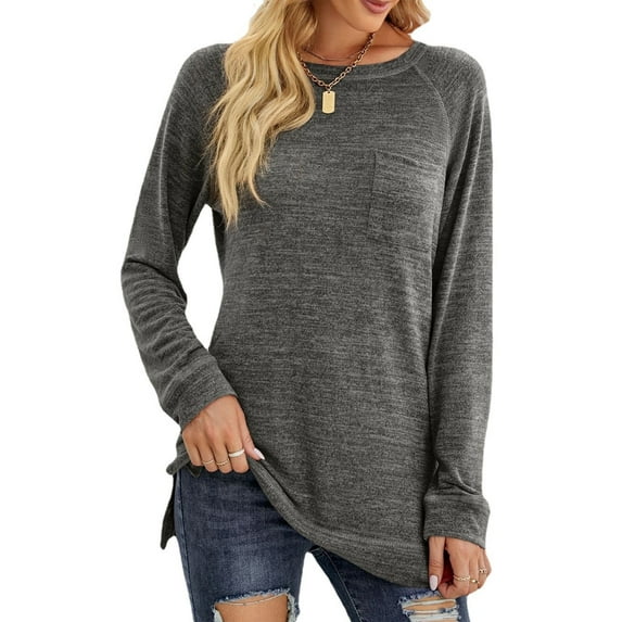 SHIBEVER Casual Round Neck Pocket Tunics Tops for Women Fall Fashion Workout Long Sleeve Split T-Shirts Blouses Darkgrey