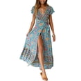 thumbnail image 1 of SHIBEVER Casual Wrap Dress for Women Summer Bohemian Floral V Neck Short Sleeve High Split Maxi Dress, 1 of 6