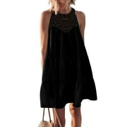 SHIBEVER Dresses for Women Halter Dresses Summer Casual Sleeveless A-Line Tiered Swing Sundress Hollow Out Beach Vacation Mini Dress for Womens Clothes Lace Crochet Babydoll Dresses