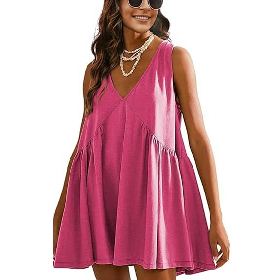 SHIBEVER Dresses for Women Summer Casual Dress Sleeveless Mini Beach Dresses for Womens Clothes V Neck Swing Dress with Pocket