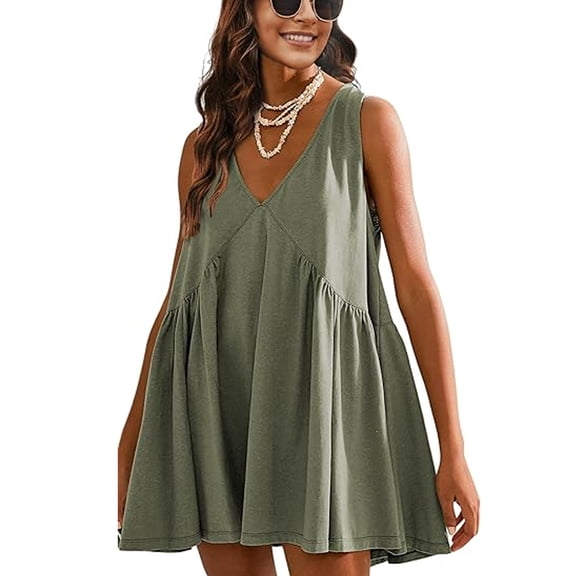 SHIBEVER Dresses for Women Summer Tunic Casual Sundress Loose Swing Blouse V Neck Sleeveless Pocket Dress for Womens Clothes Mini Dress