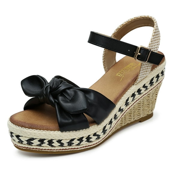 SHIBEVER Espadrilles for Women Open Toe Buckle Ankle Strap Wedge Heels Sandals Dressy Summer Comfy Platform Sandal Shoes Black 9