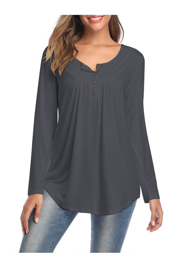 Fall Casual Button Tunics Tops for Women Long Sleeve Trendy V Neck Pleated T-Shirts Blouses Grey