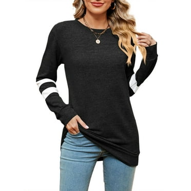 SHIBEVER Fall Fashion V-Neck Stripe Tunics Tops Blouses For Women Workout Long Sleeve Solid T-Shirts Black XL
