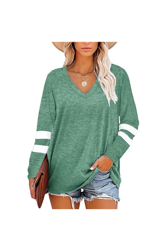 Fall Fashion V-Neck Stripe Tunics Tops Blouses For Women Workout Long Sleeve Solid T-Shirts Green
