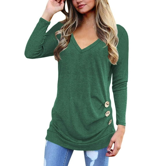SHIBEVER Fall Long Sleeve T Shirts for Women Casual Fashion V Neck Tunics Tops Cute Blouses Side Buttons Tops Green Blouse Size XL