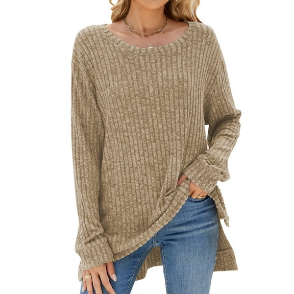 SHIBEVER Fall Sweater for Women Long Sleeve Crewneck Solid Sweaters Comfy Warm Winter Khaki Tshirt Blouse Size S