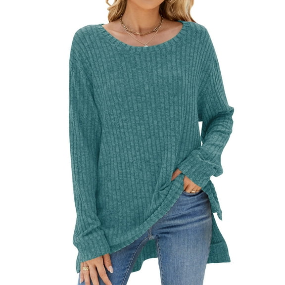 SHIBEVER Fall Sweater for Women Long Sleeve Crewneck Solid Thin Sweater Comfy Warm Winter Dark Green Tshirt Blouse Size 3XL