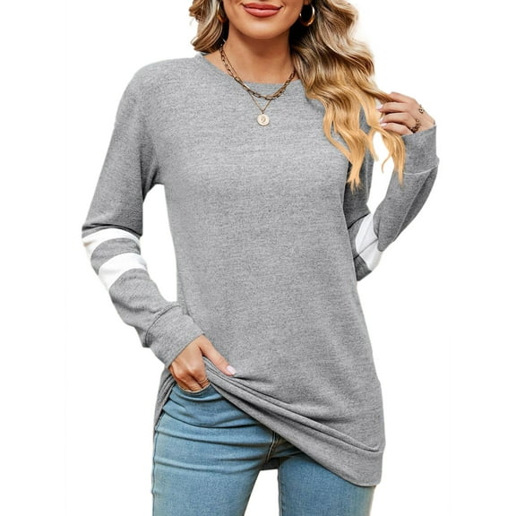 SHIBEVER Fall Tops for Women Long Sleeve Shirts Casual V-neck Tunic Top Basic T Shirts Tees Striped Blouse Light Gray M