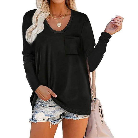 SHIBEVER Fall Tunic Tops Blouses for Women Long Sleeve Crew Neck Casual Pocket T-Shirts Black lightweight Pullover Clothes Size L