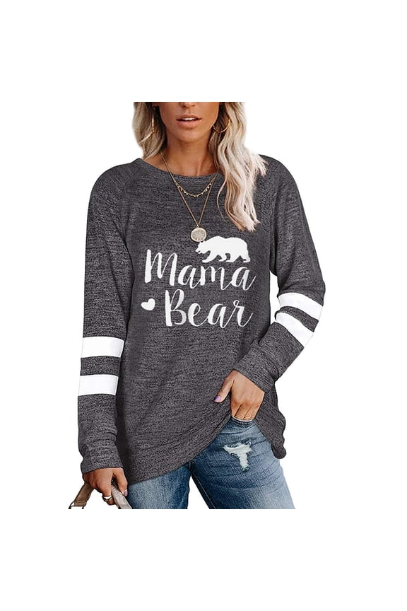 Fashion Workout Round Neck Stripe T-Shirts For Women Fall Long Sleeve Cute Printed Tunics Tops Blouses Darkgrey