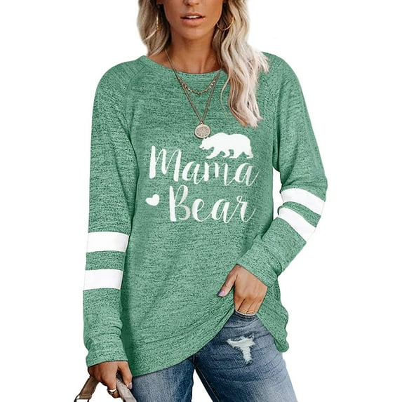 SHIBEVER Fashion Workout Round Neck Stripe T-Shirts For Women Fall Long Sleeve Cute Printed Tunics Tops Blouses Green