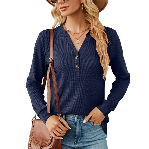 SHIBEVER Fall Shirts for Women Long Sleeve Tops Fashion V Neck Blouses Casual Fashion Knit Ribbed Loose Fit Waffler Tops Half Button Solid Color Navyblue Tees Size S