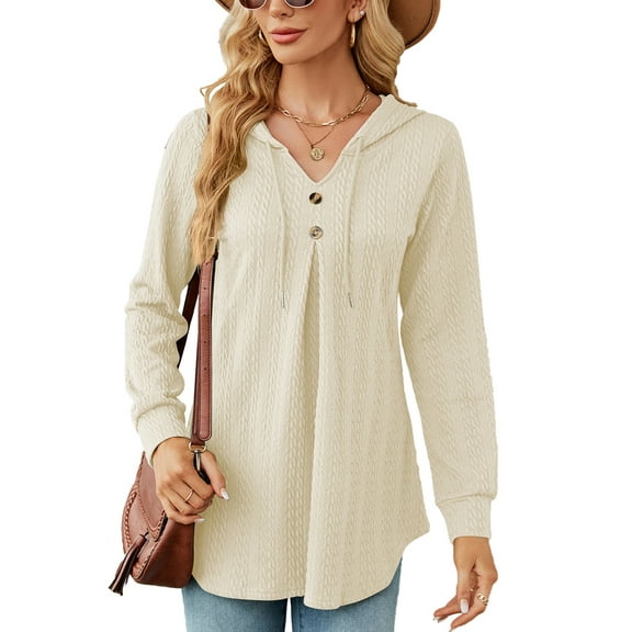 SHIBEVER Womens Hoodies Fall Tunics Tops Long Sleeve Blouses Loose Fit Sweatshirts V Neck Shirts Trendy Pullover with Button Casual Tops Solid Color Beige Tshirt Size XL
