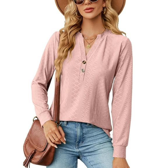 SHIBEVER Blouses for Women Fall Long Sleeve Tops Casual V Neck Tunic Tops with Button Fashion Solid Color Loose Fit Henley Pullover Cute Pink Tshirts Size S