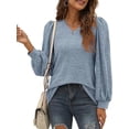 thumbnail image 1 of TEMOFON Womens Long Sleeve Tops V Neck Fall Tunic Tops Dressy Casual Blouses for Women Shirts Lightweight Pullover Sweatshirts Puff Sleeve Solid Color Blue Size M, 1 of 1