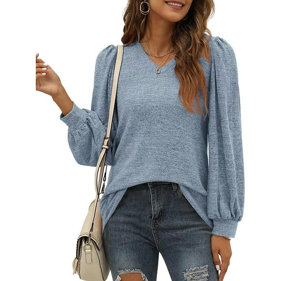 TEMOFON Womens Long Sleeve Tops V Neck Fall Tunic Tops Dressy Casual Blouses for Women Shirts Lightweight Pullover Sweatshirts Puff Sleeve Solid Color Blue Size M