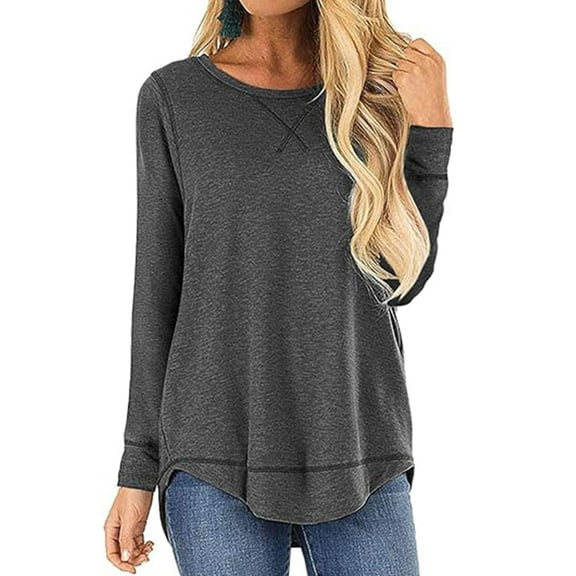 SHIBEVER Long Sleeve Crew Neck Loose Soft T-Shirts for Women Fall Fashion Basic Workout Casual Tunics Tops Dark Gray Blouses Size S