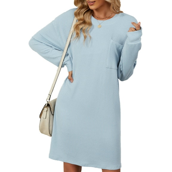 SHIBEVER Long Sleeve Dress for Women Dressy Crewneck Shift Dresses Trendy Solid Color Stripe Shirt Dresses for Women with Pocket Size XL