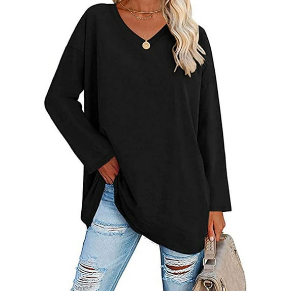 SHIBEVER Long Sleeve Shirts for Women Oversized T Shirts Loose Tunic Tops V Neck Blouses Fall Casual Pullover Sweatshirts Fashion Solid Color Black Size XL