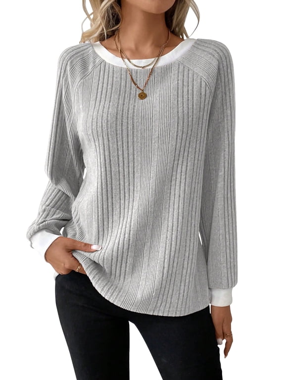 Long Sleeve Shirts for Women Fall Tops Lightweight Clothing Trendy Winter Clothes Tunic Crew Neck Grey L