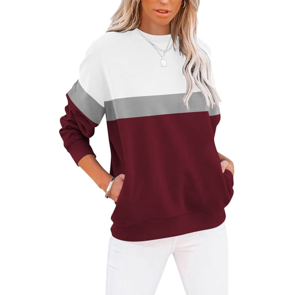 SHIBEVER Long Sleeve Shirts for Women Casual Womens Clothes Pullover Fall Tops for Women Crew Neck Winter Colorblock Sweatshirts Red S