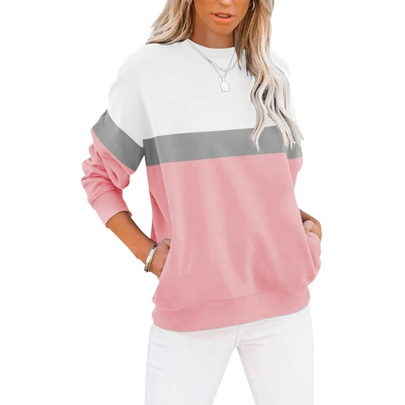 SHIBEVER Long Sleeve Shirts for Women Colorblock Sweatshirt Womens Tops Fall Shirts for Women Crew Neck Sweat Shirts Winter Clothes Pink XXL