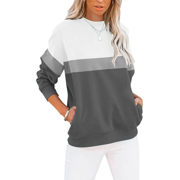 SHIBEVER Long Sleeve Shirts for Women Colorblock Sweatshirt Womens Tops Fall Shirts for Women Crew Neck SweatShirts Winter Clothes Grey S