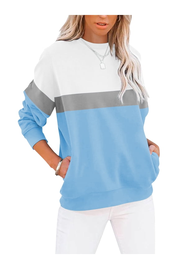 Long Sleeve Shirts for Women Crew Neck Sweatshirts Womens Clothes Fall Shirts Casual Tops for Women Color Block Winter Sweat Shirts Blue XXL
