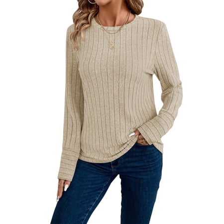 SHIBEVER Long Sleeve Shirts for Women Fall Tops for Womens Tops Lightweight Sweater Womens Fall Shirt Comfy Winter Clothes T Shirts Beige XL