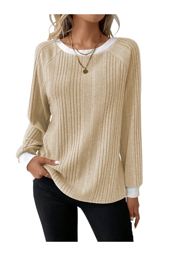 Long Sleeve Shirts for Women Fall Womens Tops Crew Neck Lightweight Long Sleeve Tops for Women Beige L