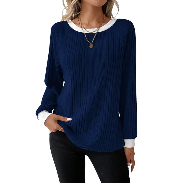SHIBEVER Long Sleeve Shirts for Women Fall Womens Tops Crew Neck Lightweight Long Sleeve Tops for Women Dark Blue XL