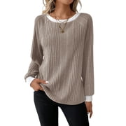 Long Sleeve Shirts for Women Fall Womens Tops Crew Neck Lightweight Sweater Pullover Basic Tunic Winter Clothes Khaki L deal from Walmart