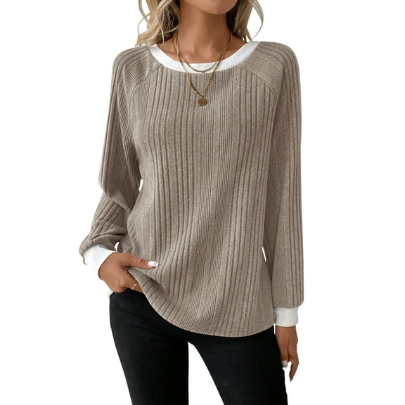 SHIBEVER Long Sleeve Shirts for Women Fall Womens Tops Crew Neck Lightweight Sweater Pullover Basic Tunic Winter Clothes Khaki M