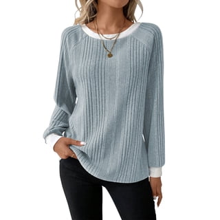 SHIBEVER Long Sleeve Shirts for Women Fall Womens Tops Crew Neck Lightweight Sweater Pullover Basic Tunic Winter Clothes Light Blue M