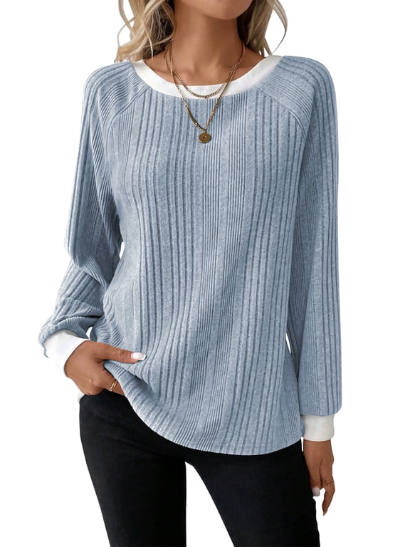Long Sleeve Shirts for Women Fall Womens Tops Crew Neck Lightweight Sweater Pullover Basic Tunic Winter Clothes Light Blue M