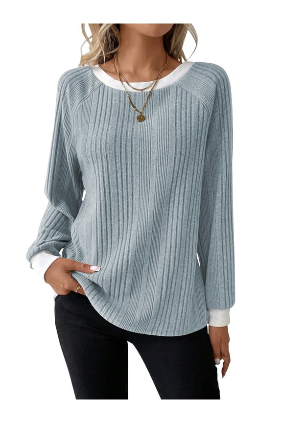 Long Sleeve Shirts for Women Fall Womens Tops Crew Neck Lightweight Sweater Pullover Basic Tunic Winter Clothes Light Blue S