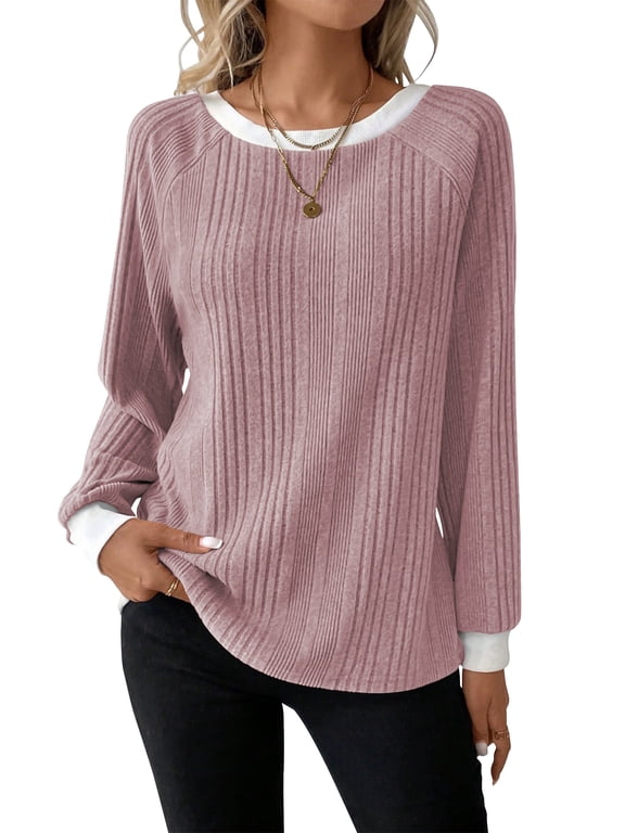 Long Sleeve Shirts for Women Fall Womens Tops Crew Neck Lightweight Sweater Pullover Basic Tunic Winter Clothes Pink L