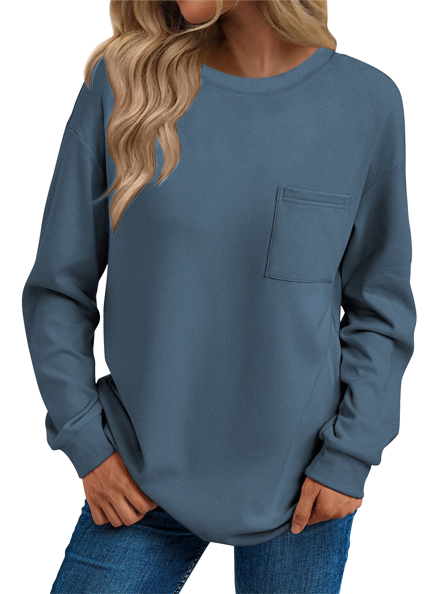 Long Sleeve Shirts for Women Fall Womens Tops Crew Neck Shirts for Women with Pocket Pullover Basic Winter Clothes Trendy Blue L